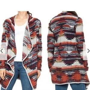 LUCKY BRAND Aztec Print Drape Wrap Cardigan Plush Sweater sz M